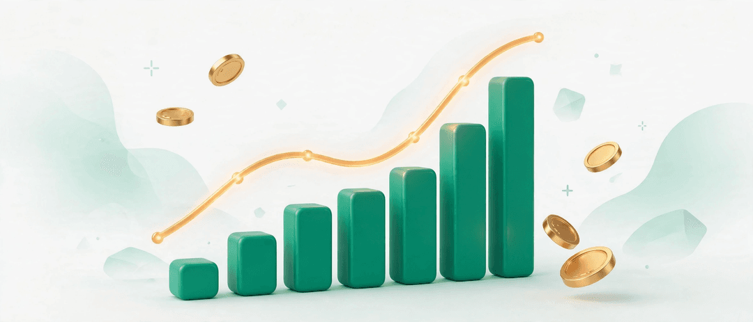 Illustration of investment growth over time with a rising chart